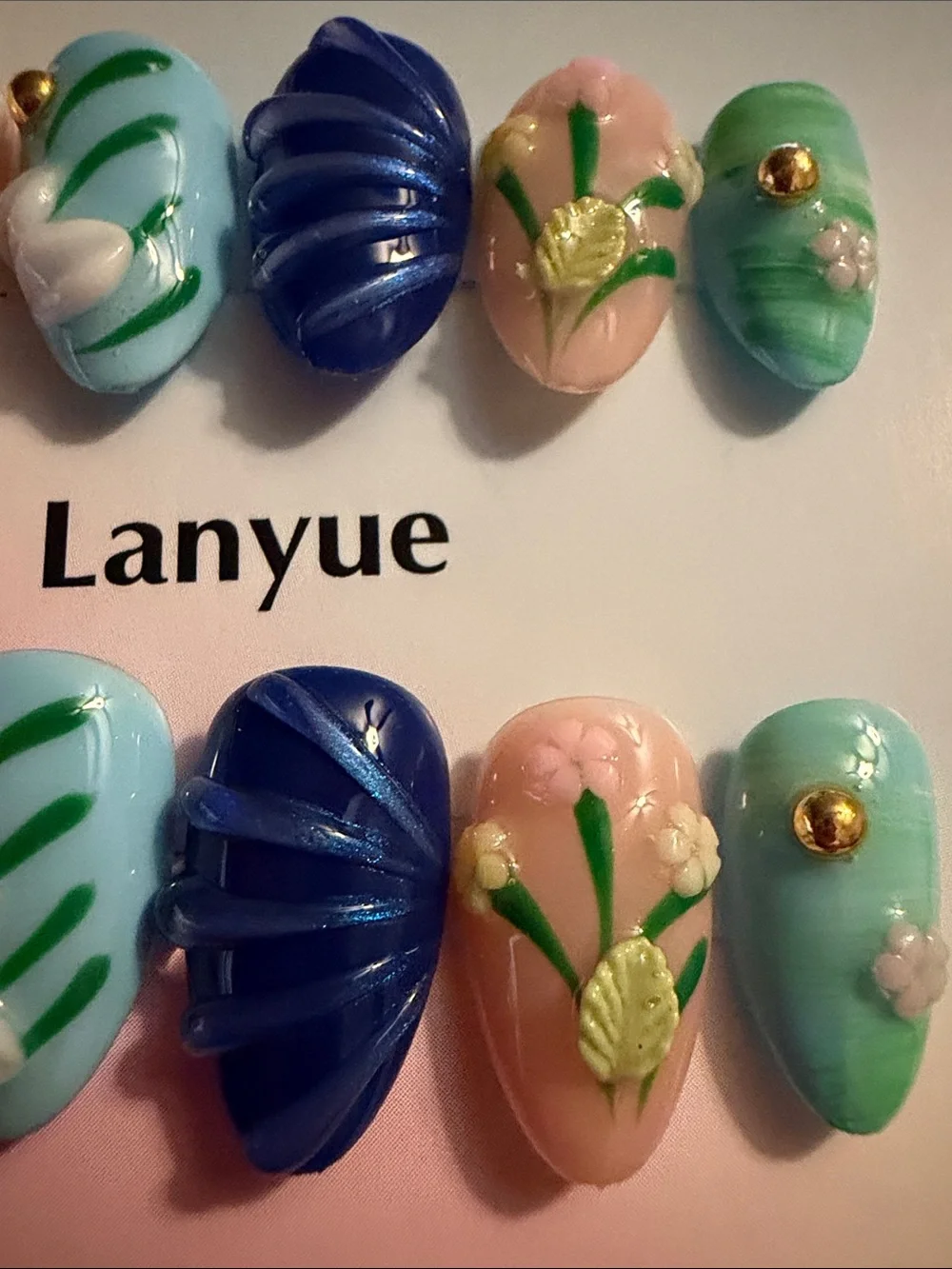 Lanyue Floral 3D handmade acrylic Press-On Nails in Pink, Blue & Green